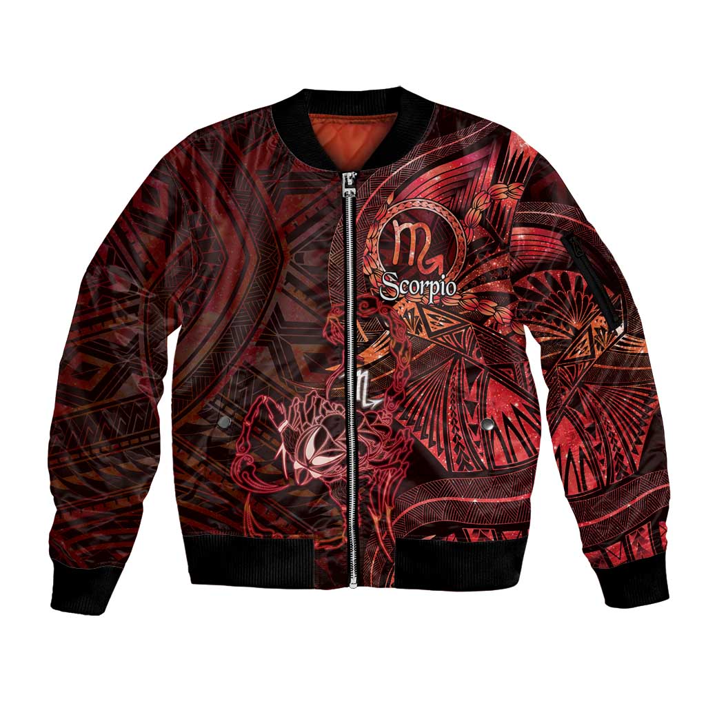 Personalised Polynesia Zodiac Scorpio Sleeve Zip Bomber Jacket Galaxy Polynesian Pattern Chest Tattoo Style LT14 Unisex Red - Polynesian Pride