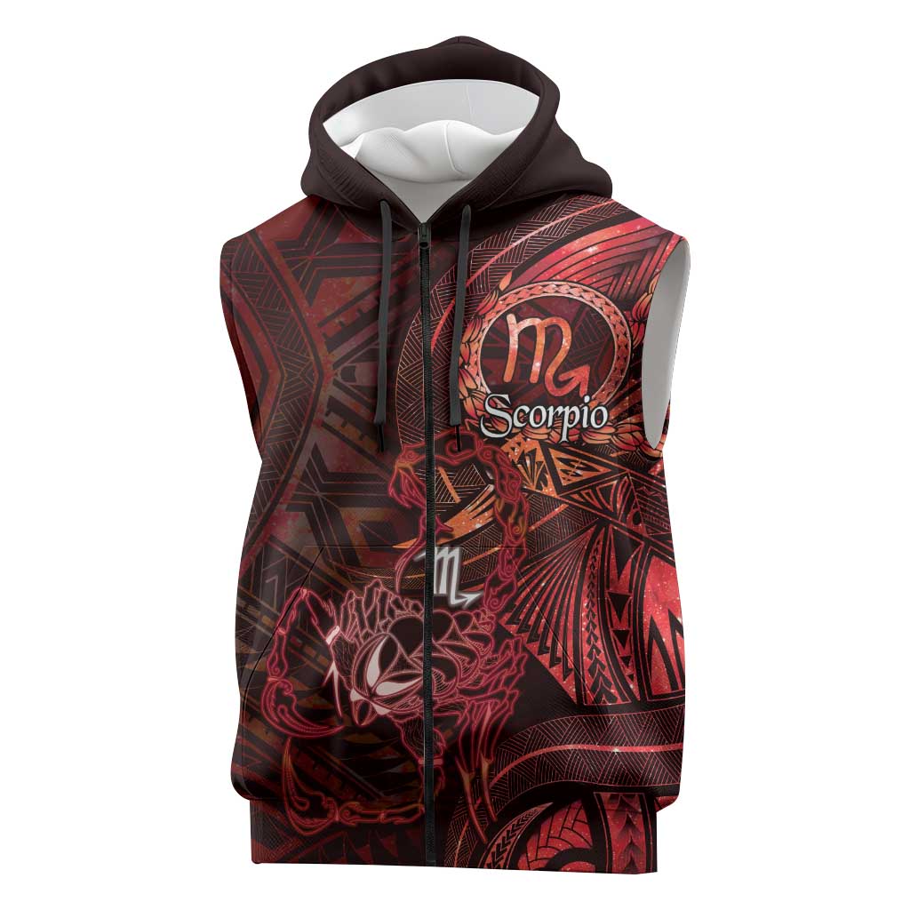 Personalised Polynesia Zodiac Scorpio Sleeveless Zip Hoodie Galaxy Polynesian Pattern Chest Tattoo Style LT14 Red - Polynesian Pride