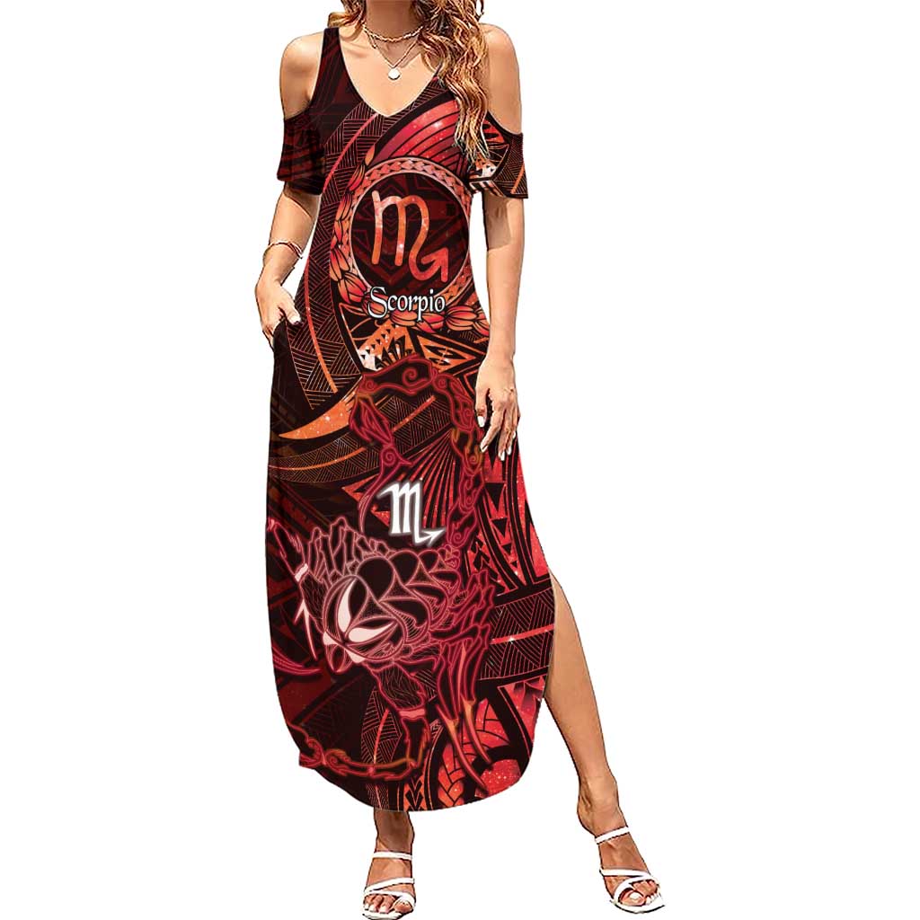 Personalised Polynesia Zodiac Scorpio Summer Maxi Dress Galaxy Polynesian Pattern Chest Tattoo Style LT14 Women Red - Polynesian Pride