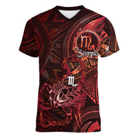 Personalised Polynesia Zodiac Scorpio Women V-Neck T-Shirt Galaxy Polynesian Pattern Chest Tattoo Style