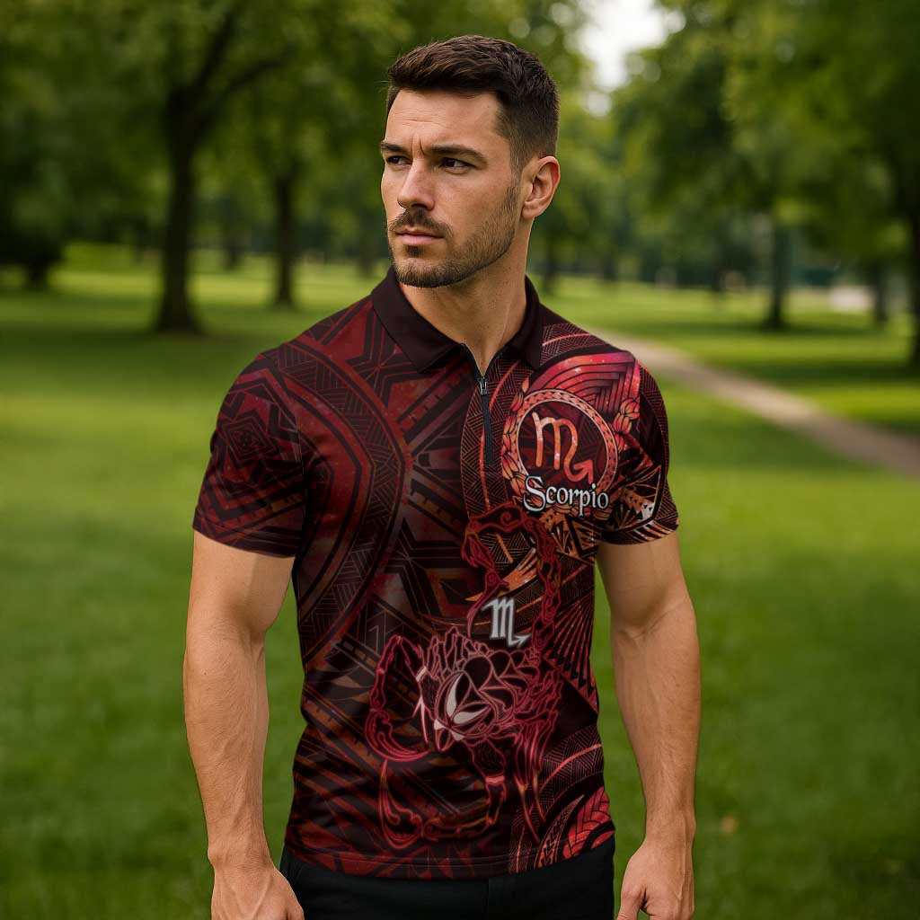 Personalised Polynesia Zodiac Scorpio Zipper Polo Shirt Galaxy Polynesian Pattern Chest Tattoo Style