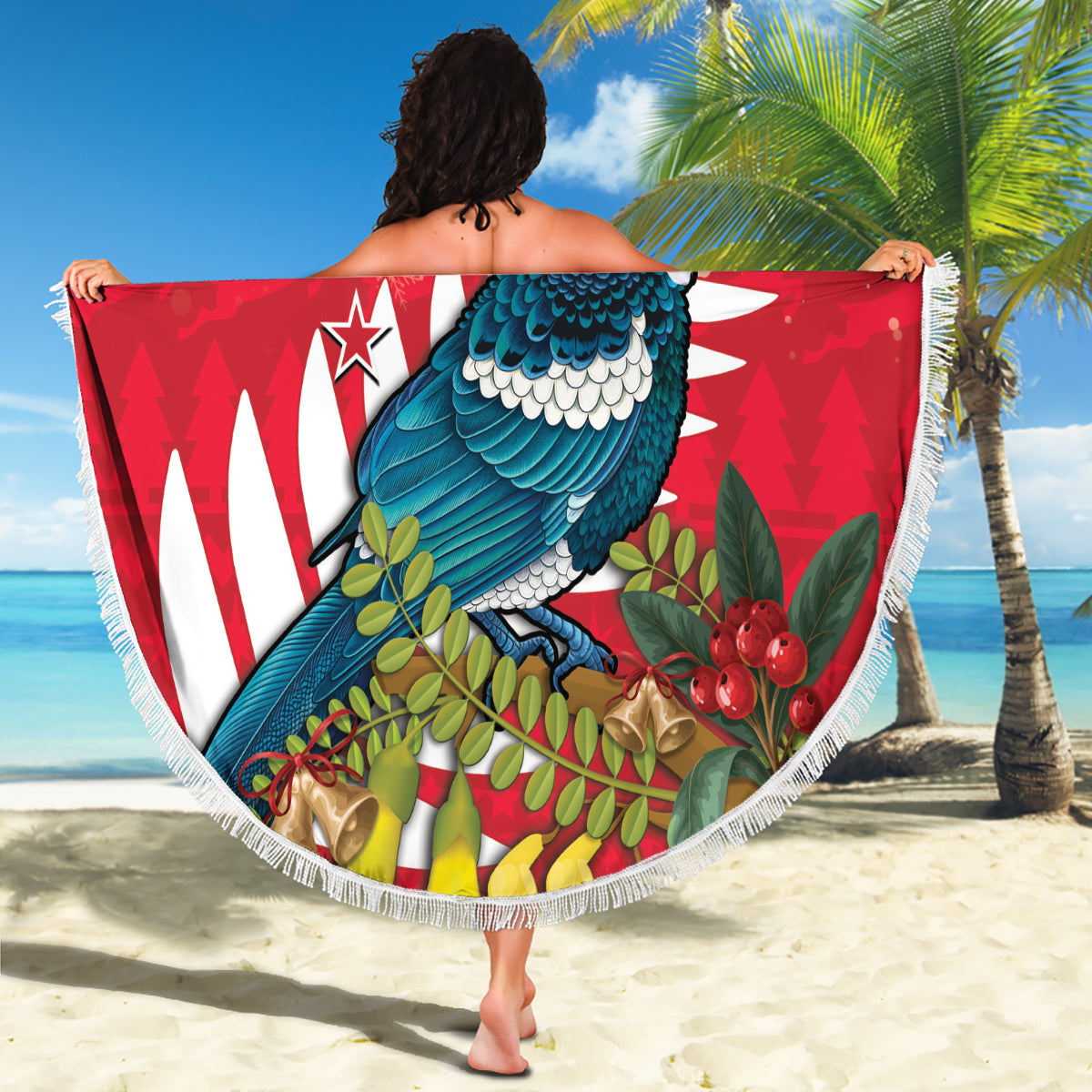 New Zealand Christmas In July Beach Blanket Tui Bird With Kowhai Meri Kirihimete