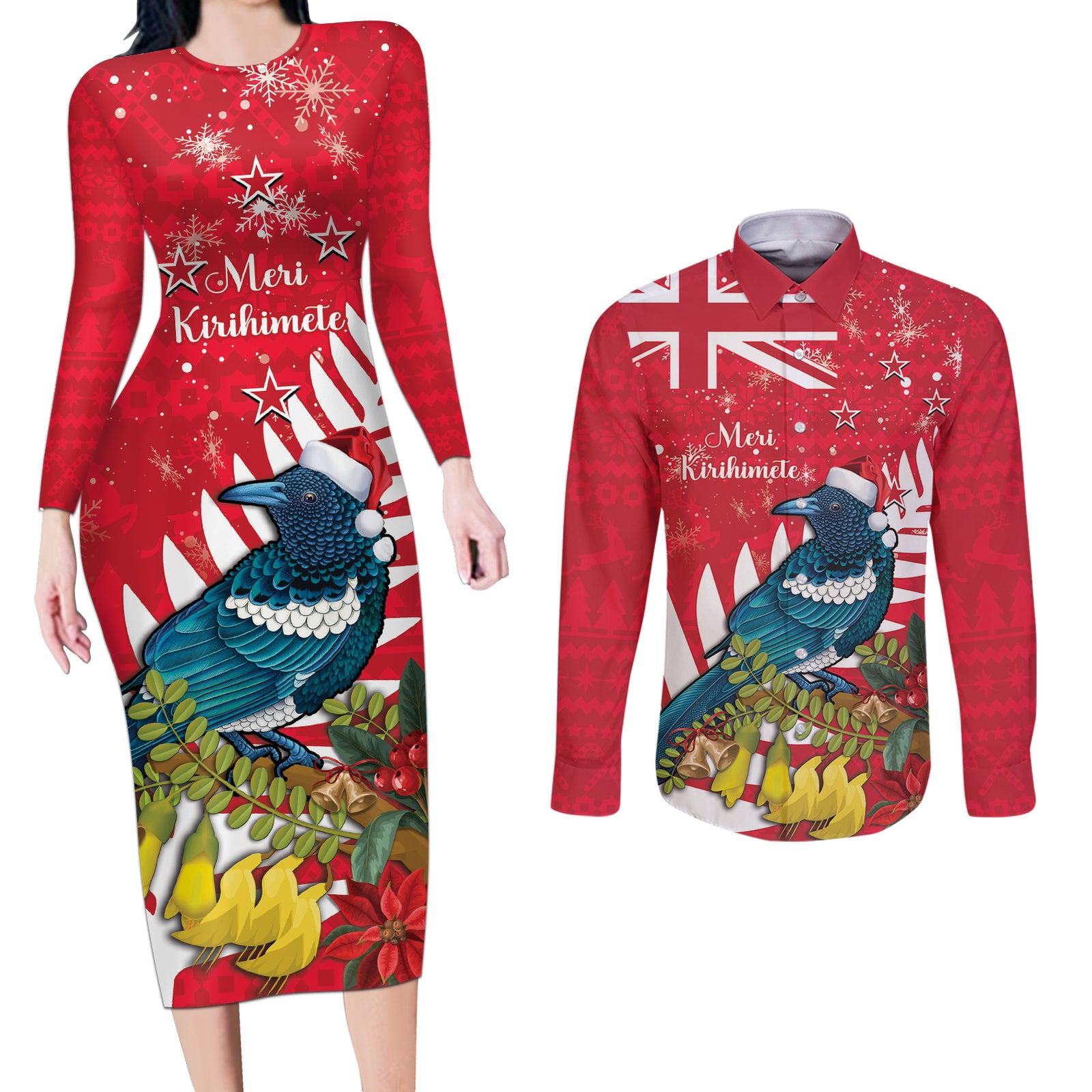 New Zealand Christmas In July Couples Matching Long Sleeve Bodycon Dress and Long Sleeve Button Shirt Tui Bird With Kowhai Meri Kirihimete
