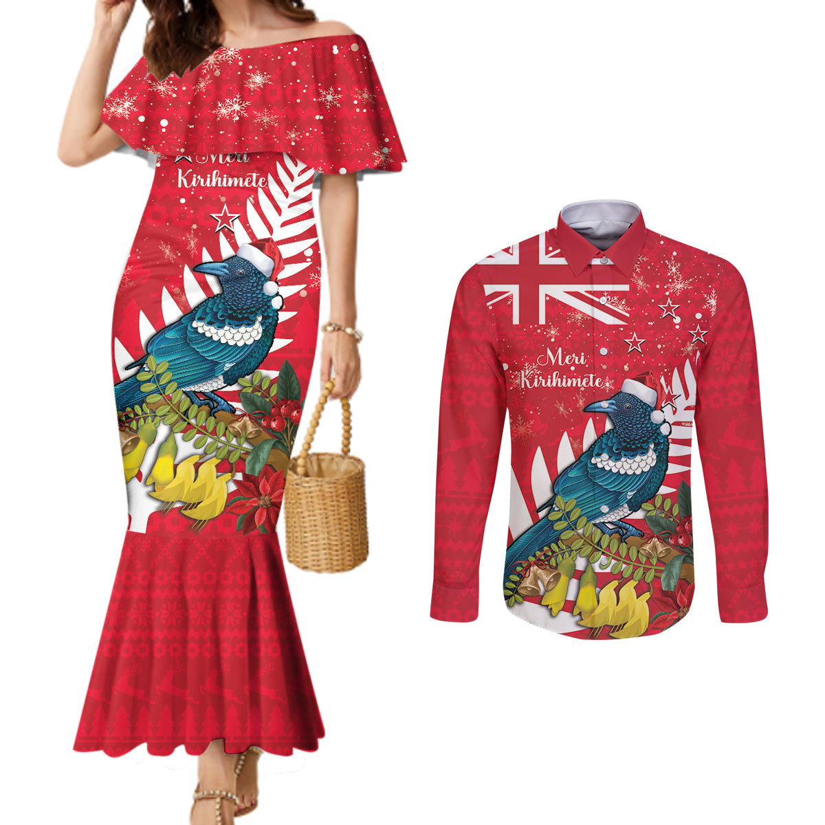 New Zealand Christmas In July Couples Matching Mermaid Dress and Long Sleeve Button Shirt Tui Bird With Kowhai Meri Kirihimete