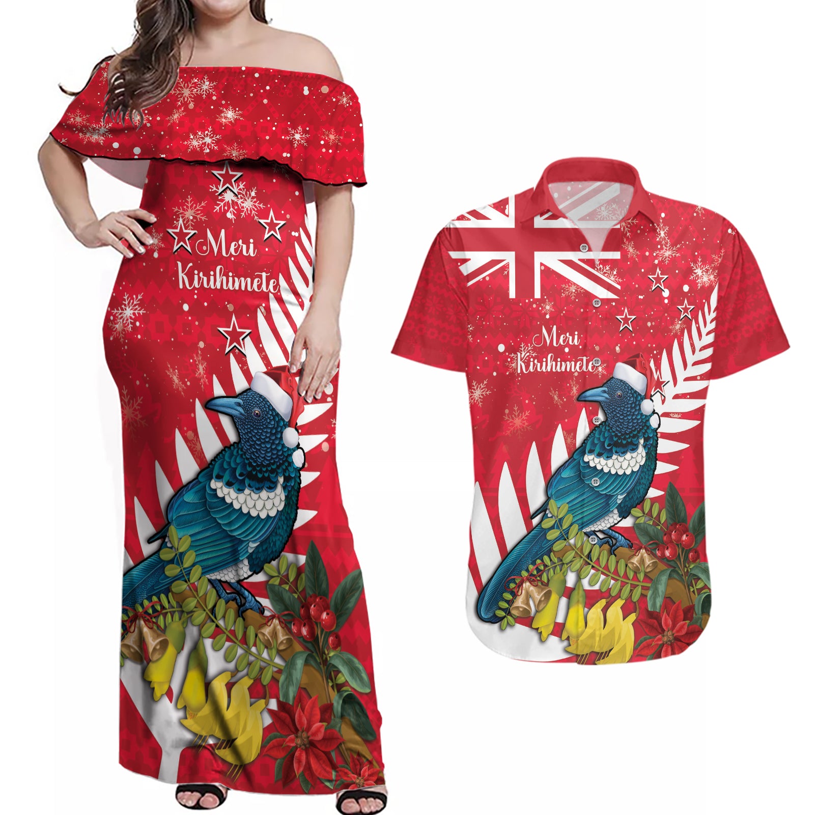 New Zealand Christmas In July Couples Matching Off Shoulder Maxi Dress and Hawaiian Shirt Tui Bird With Kowhai Meri Kirihimete