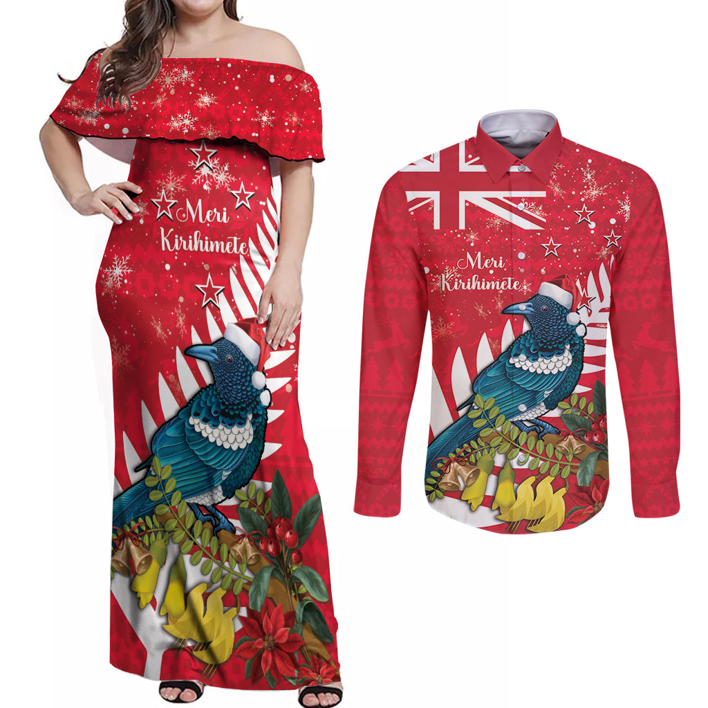 New Zealand Christmas In July Couples Matching Off Shoulder Maxi Dress and Long Sleeve Button Shirt Tui Bird With Kowhai Meri Kirihimete