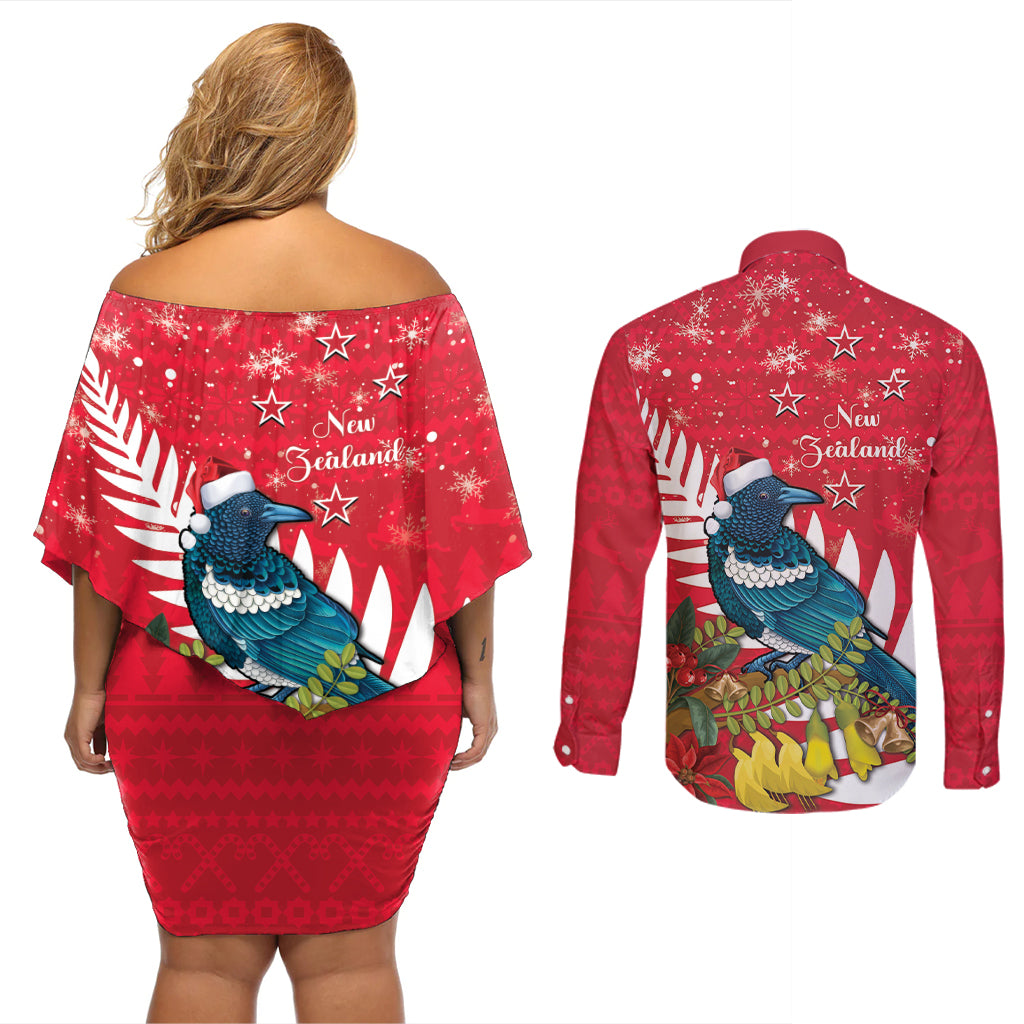 New Zealand Christmas In July Couples Matching Off Shoulder Short Dress and Long Sleeve Button Shirt Tui Bird With Kowhai Meri Kirihimete