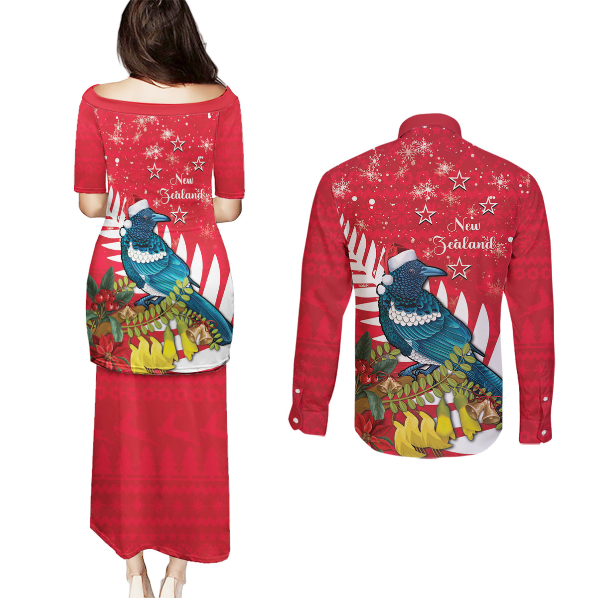 New Zealand Christmas In July Couples Matching Puletasi and Long Sleeve Button Shirt Tui Bird With Kowhai Meri Kirihimete