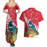 New Zealand Christmas In July Couples Matching Summer Maxi Dress and Hawaiian Shirt Tui Bird With Kowhai Meri Kirihimete