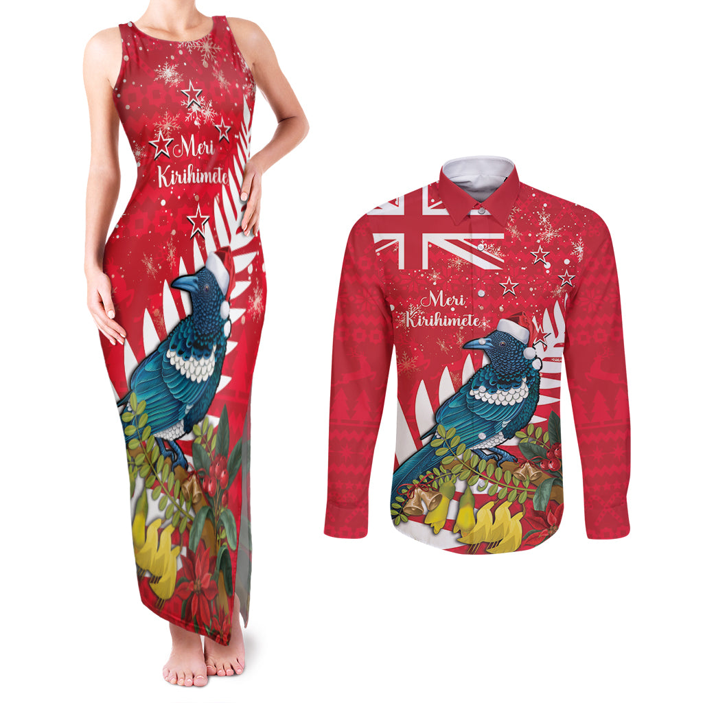 New Zealand Christmas In July Couples Matching Tank Maxi Dress and Long Sleeve Button Shirt Tui Bird With Kowhai Meri Kirihimete