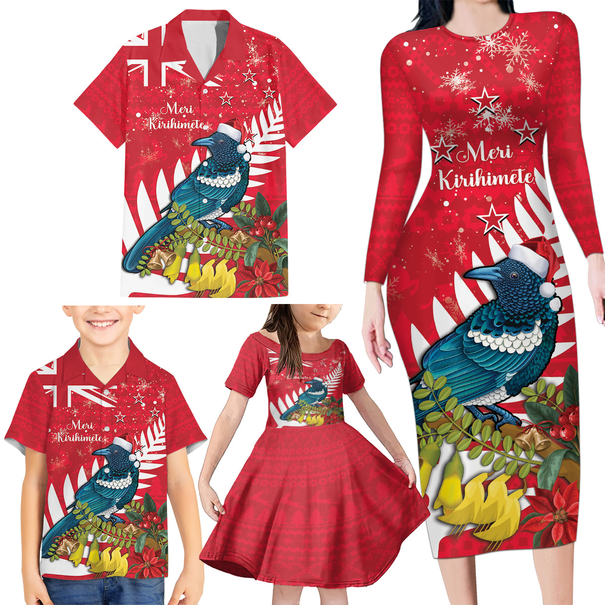 New Zealand Christmas In July Family Matching Long Sleeve Bodycon Dress and Hawaiian Shirt Tui Bird With Kowhai Meri Kirihimete