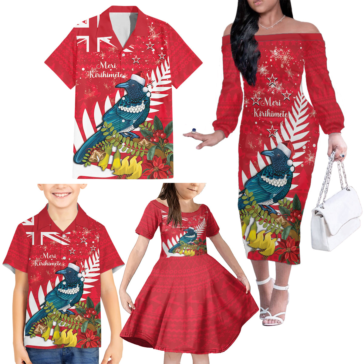 New Zealand Christmas In July Family Matching Off The Shoulder Long Sleeve Dress and Hawaiian Shirt Tui Bird With Kowhai Meri Kirihimete