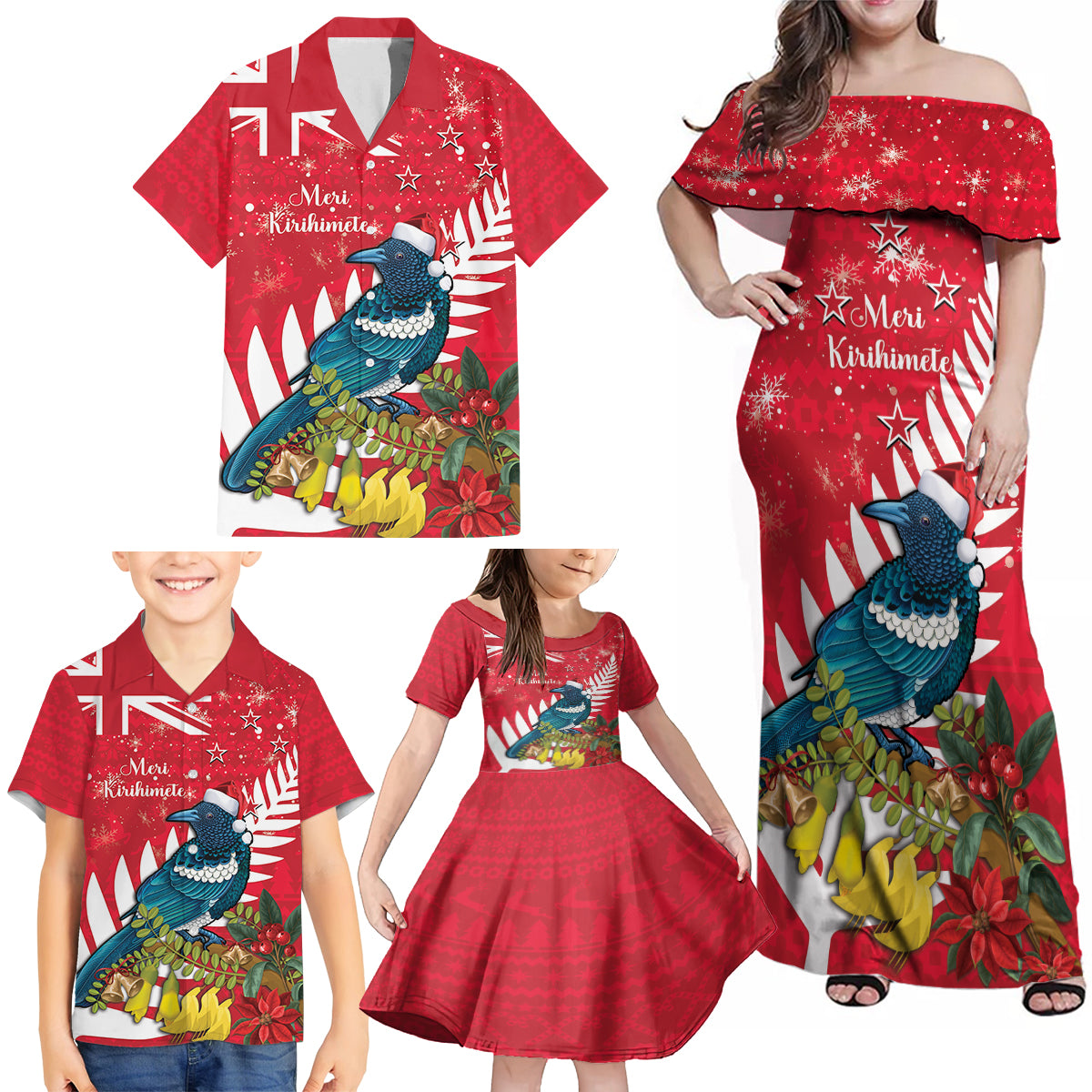 New Zealand Christmas In July Family Matching Off Shoulder Maxi Dress and Hawaiian Shirt Tui Bird With Kowhai Meri Kirihimete