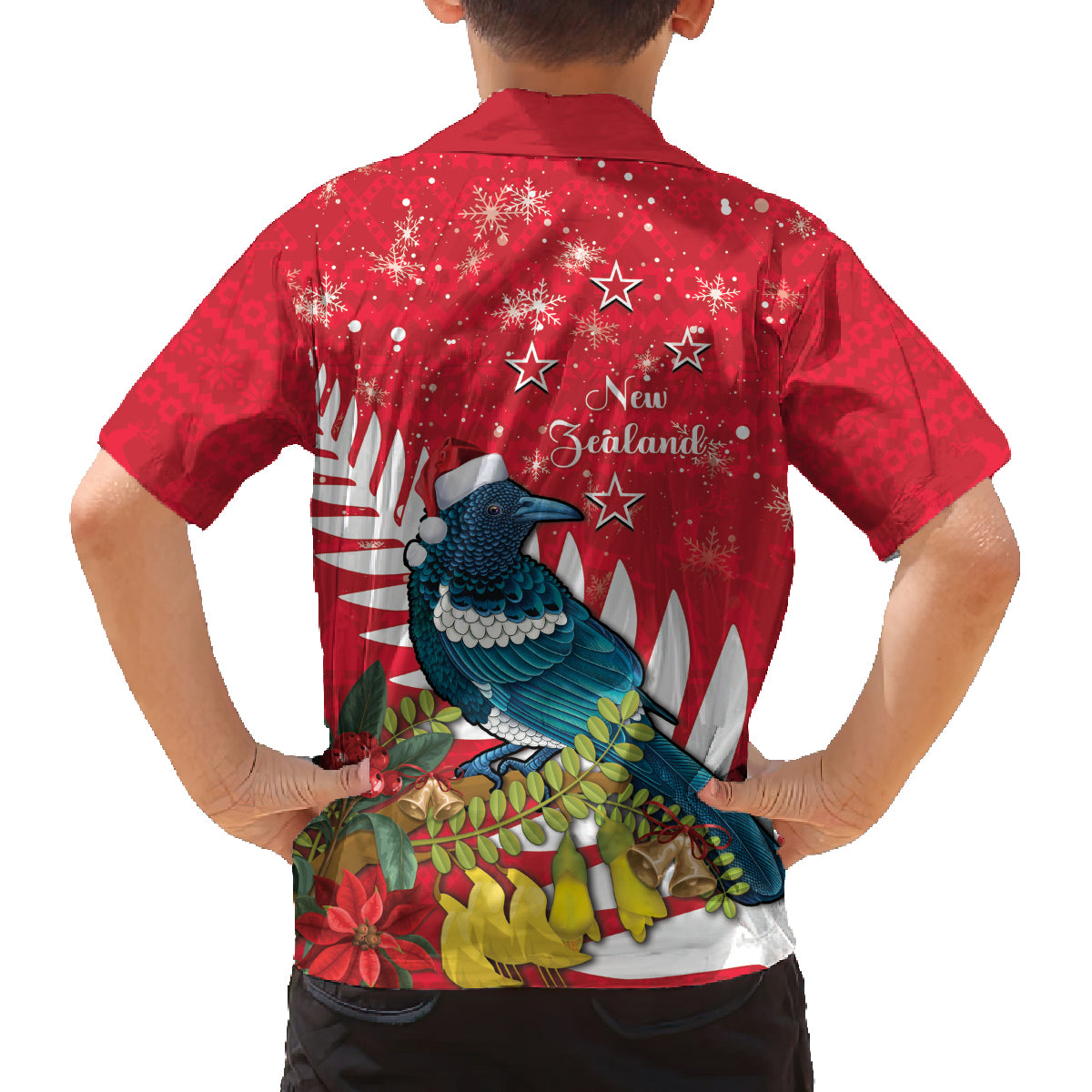New Zealand Christmas In July Family Matching Off Shoulder Short Dress and Hawaiian Shirt Tui Bird With Kowhai Meri Kirihimete