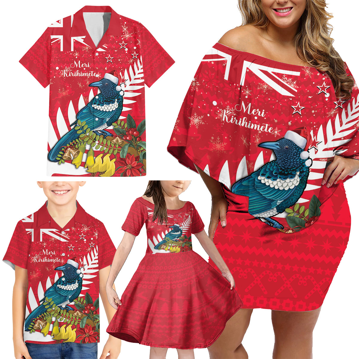 New Zealand Christmas In July Family Matching Off Shoulder Short Dress and Hawaiian Shirt Tui Bird With Kowhai Meri Kirihimete