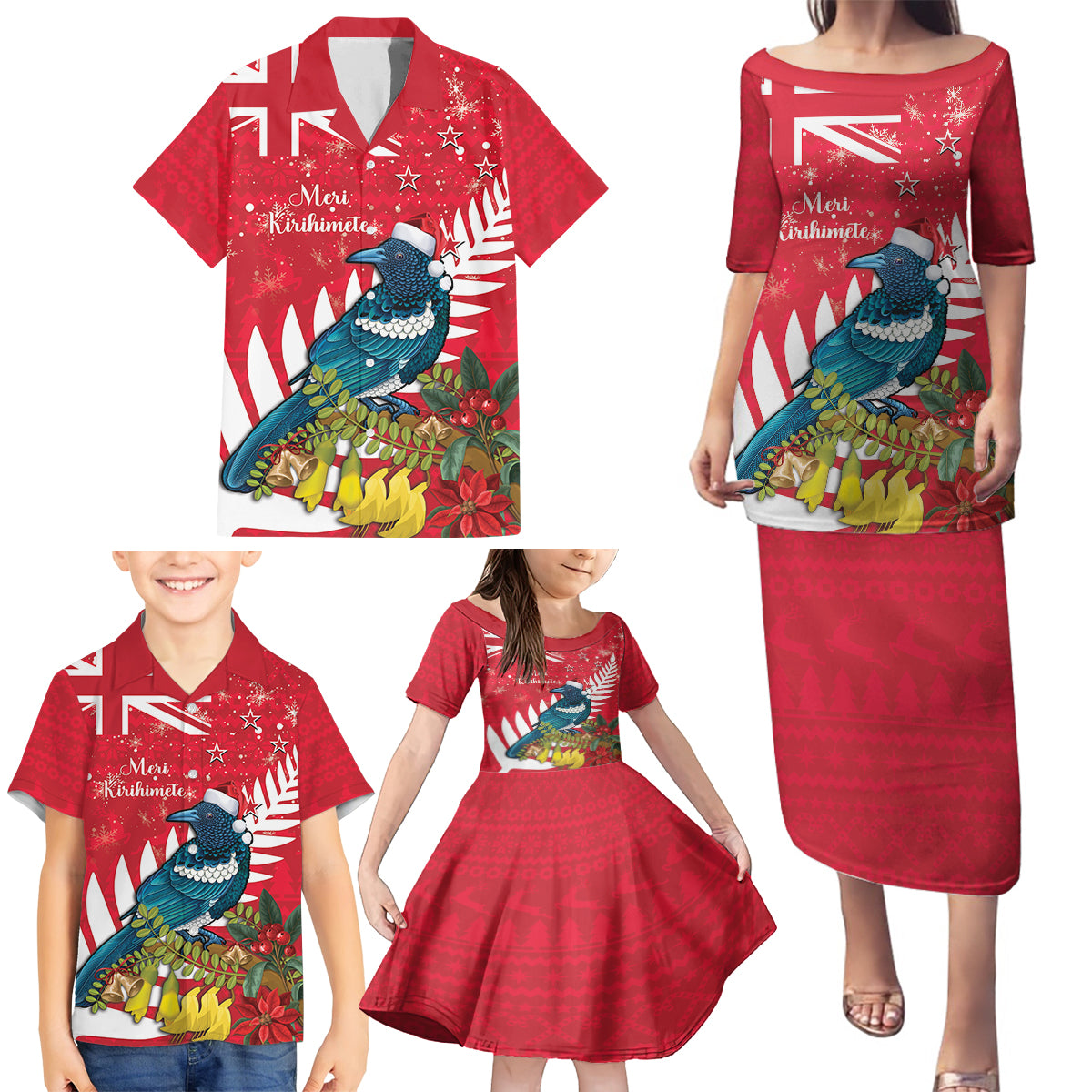 New Zealand Christmas In July Family Matching Puletasi and Hawaiian Shirt Tui Bird With Kowhai Meri Kirihimete