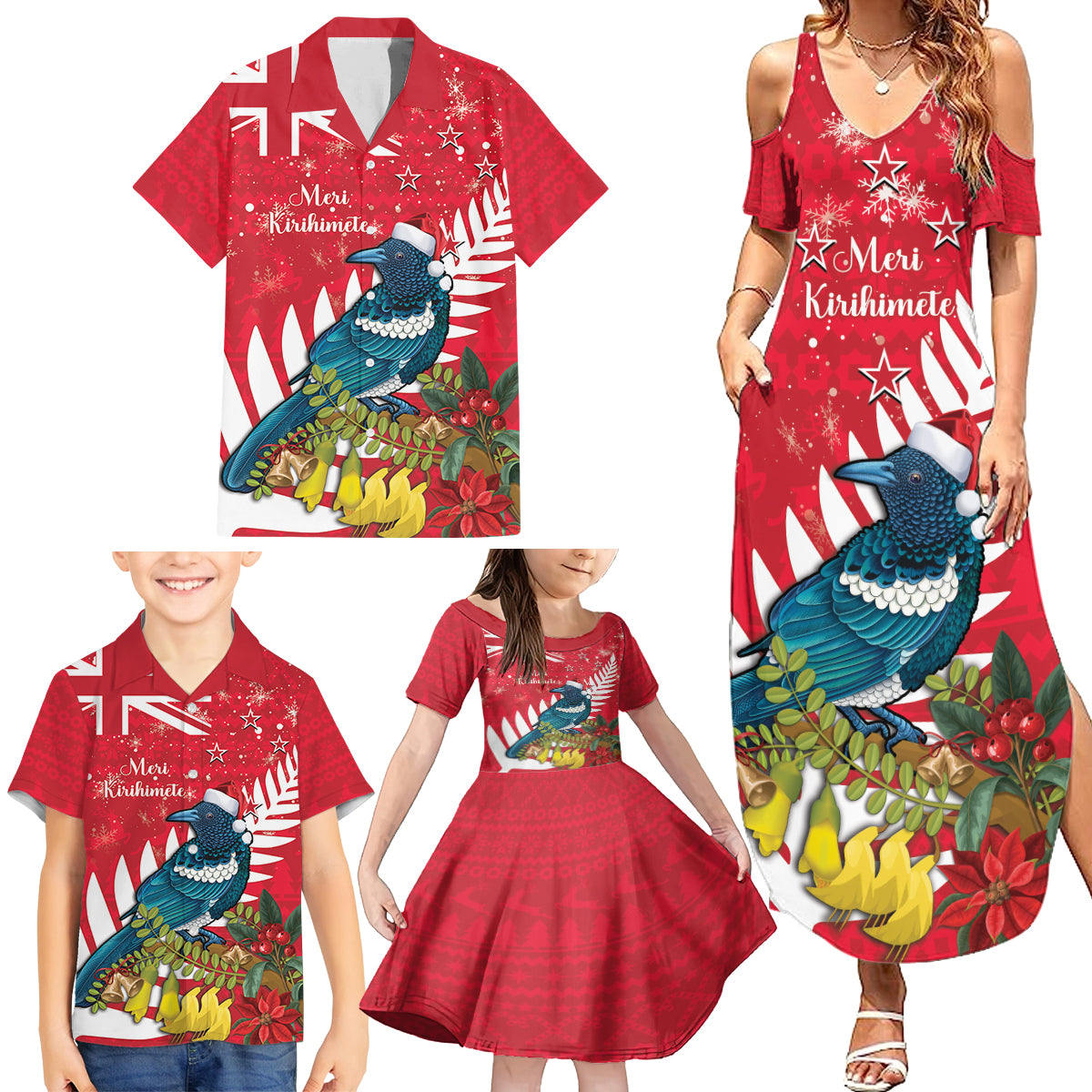 New Zealand Christmas In July Family Matching Summer Maxi Dress and Hawaiian Shirt Tui Bird With Kowhai Meri Kirihimete