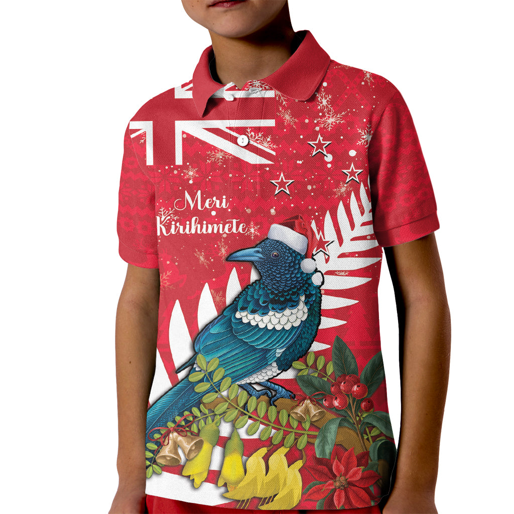 New Zealand Christmas In July Kid Polo Shirt Tui Bird With Kowhai Meri Kirihimete