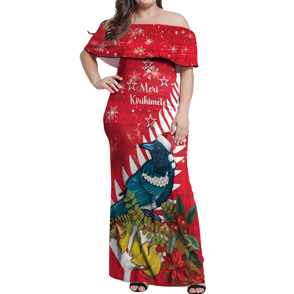 New Zealand Christmas In July Off Shoulder Maxi Dress Tui Bird With Kowhai Meri Kirihimete