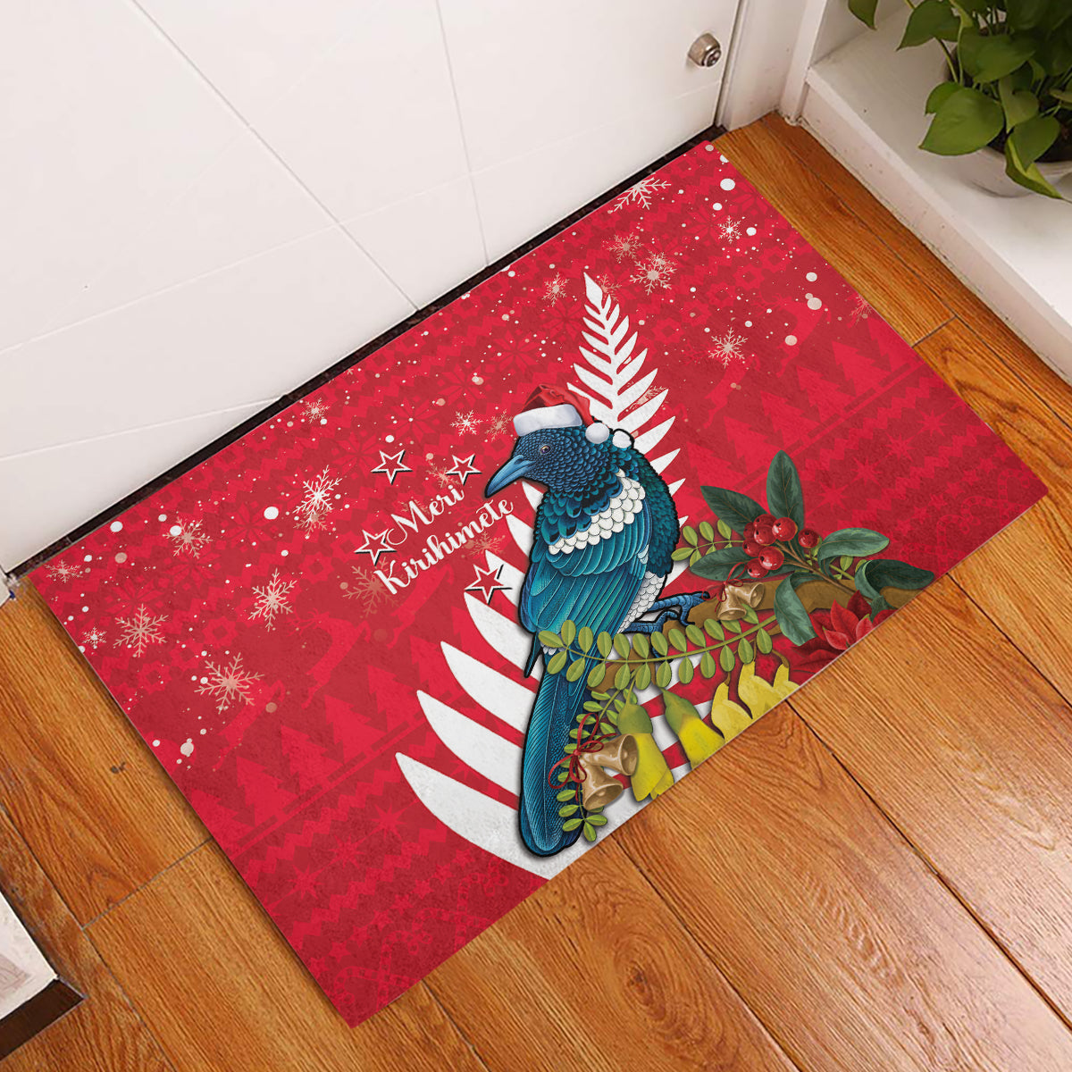 New Zealand Christmas In July Rubber Doormat Tui Bird With Kowhai Meri Kirihimete
