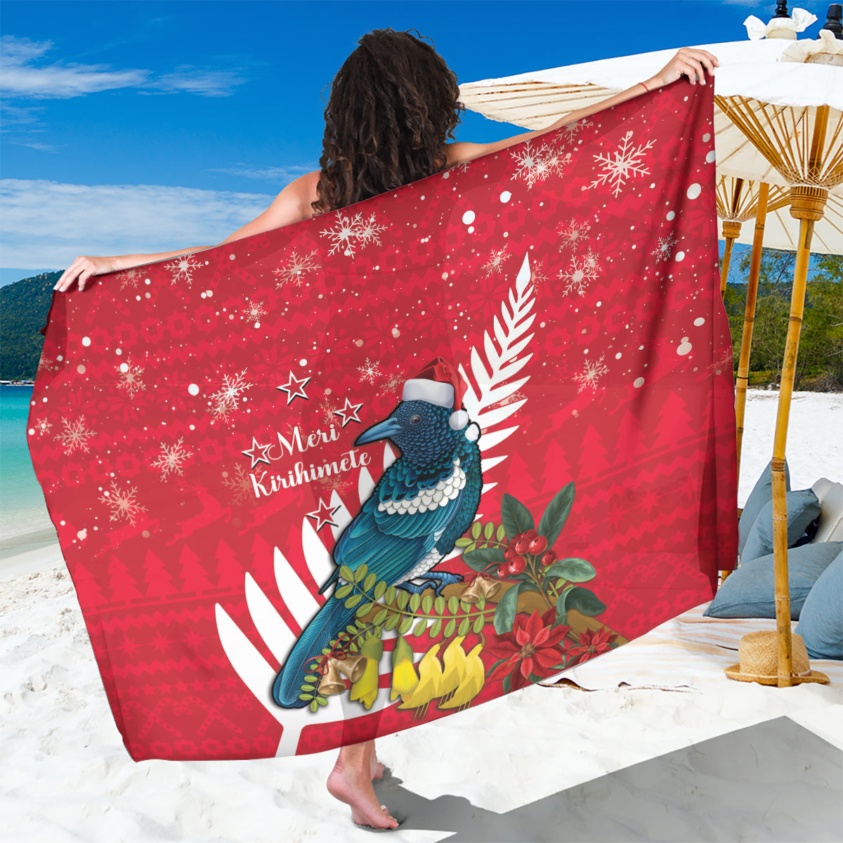 New Zealand Christmas In July Sarong Tui Bird With Kowhai Meri Kirihimete