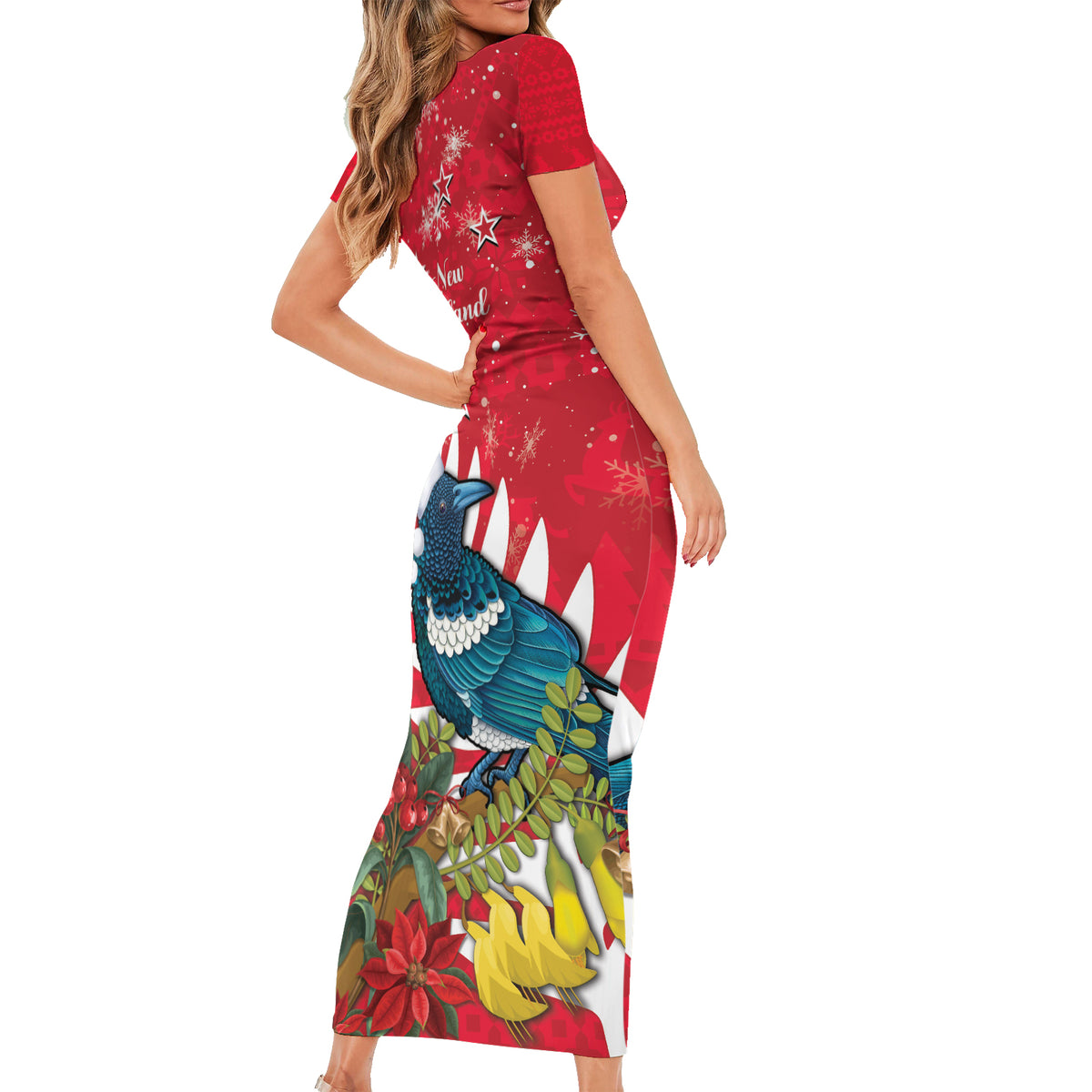 New Zealand Christmas In July Short Sleeve Bodycon Dress Tui Bird With Kowhai Meri Kirihimete