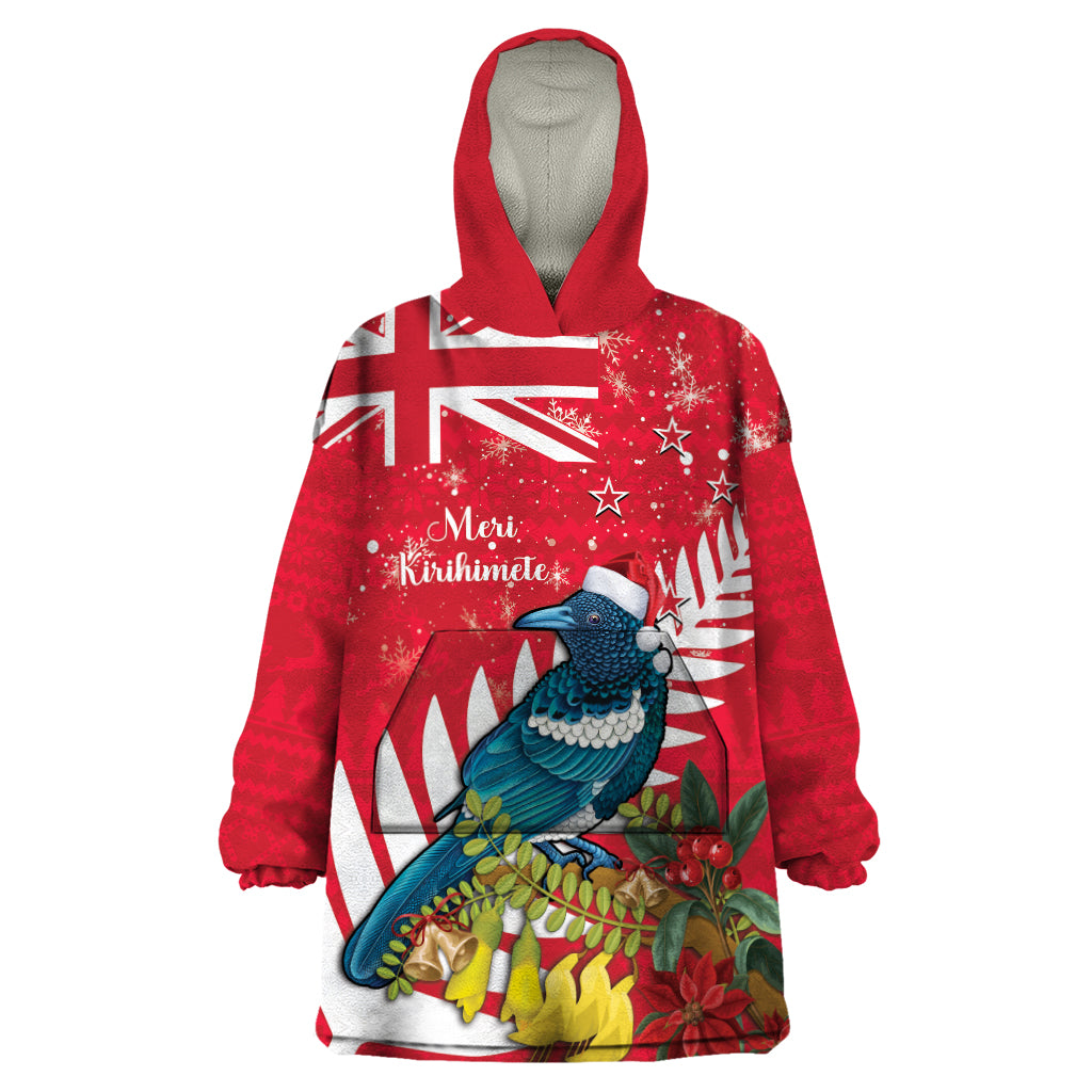 New Zealand Christmas In July Wearable Blanket Hoodie Tui Bird With Kowhai Meri Kirihimete