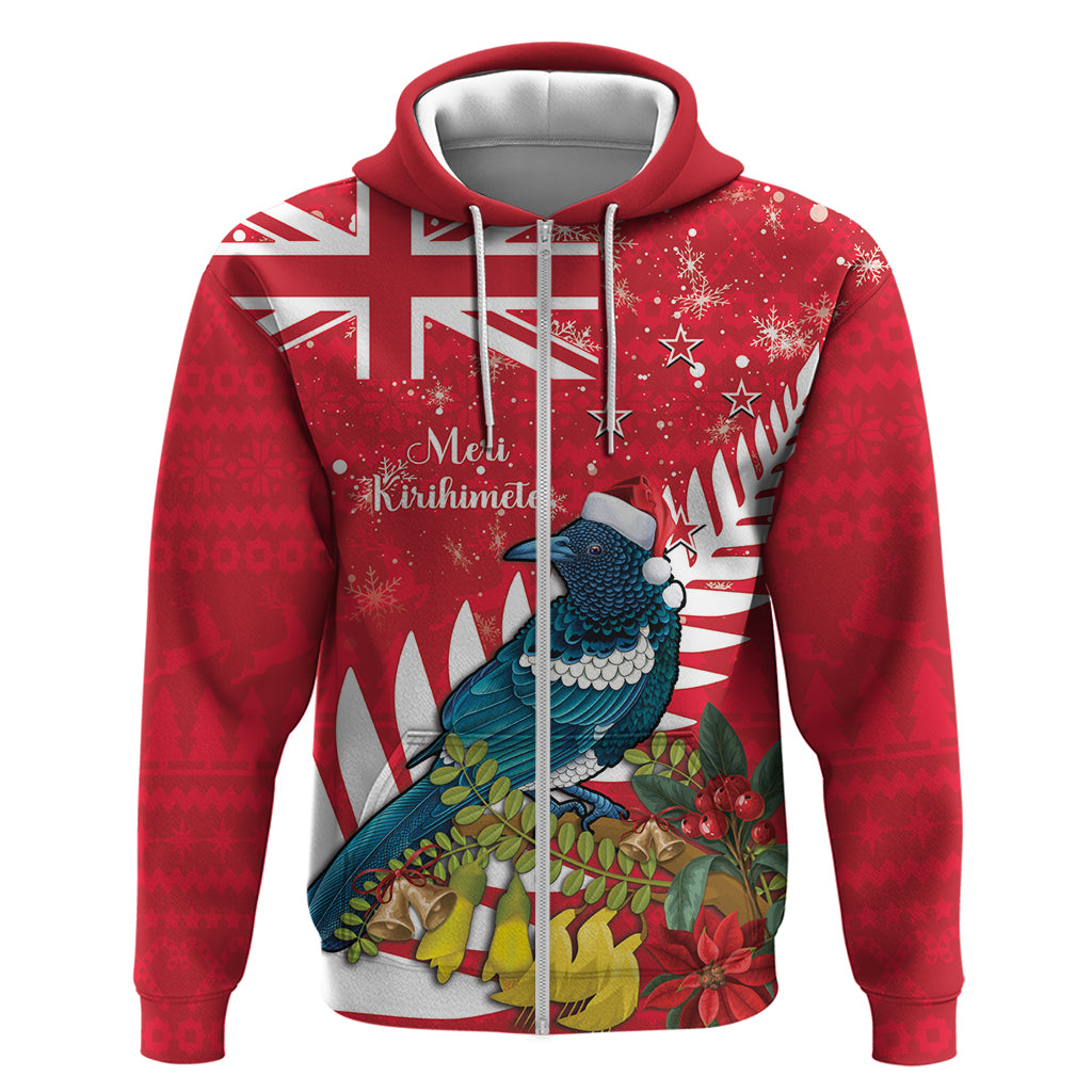 New Zealand Christmas In July Zip Hoodie Tui Bird With Kowhai Meri Kirihimete