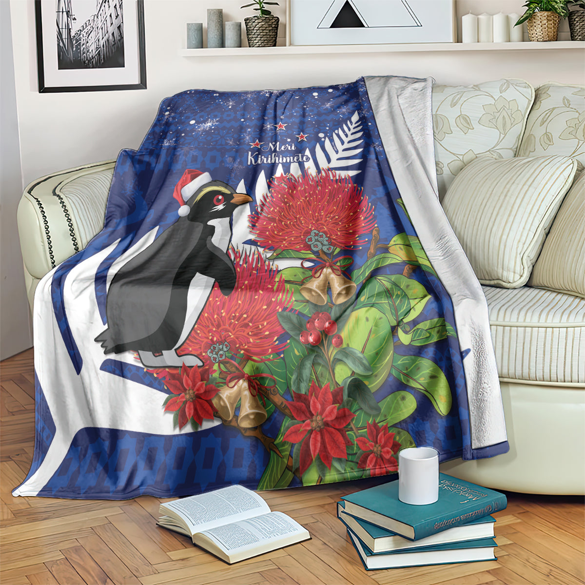 New Zealand Christmas In July Blanket Fiordland Penguin With Pohutukawa Flower