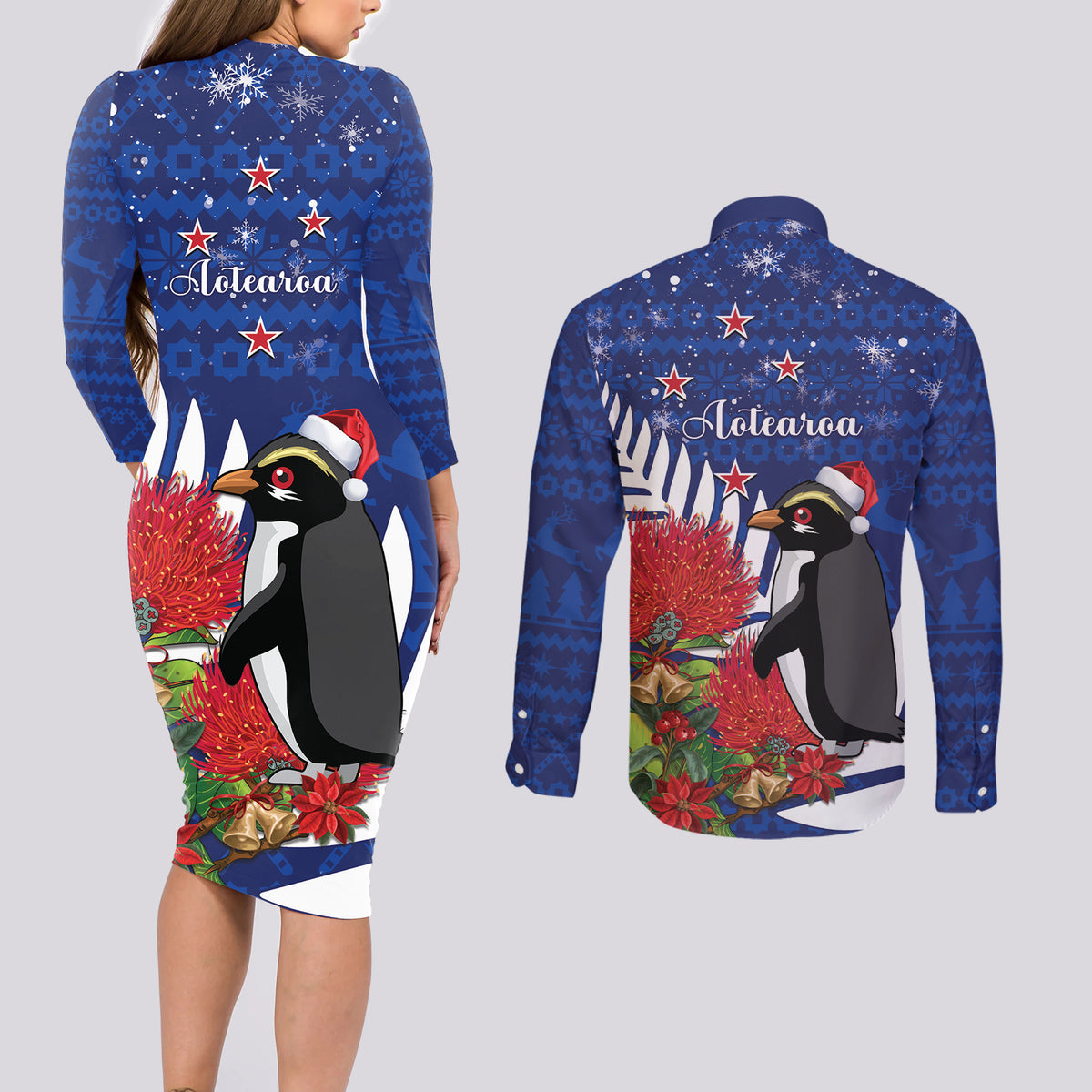 New Zealand Christmas In July Couples Matching Long Sleeve Bodycon Dress and Long Sleeve Button Shirt Fiordland Penguin With Pohutukawa Flower