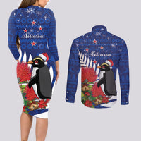 New Zealand Christmas In July Couples Matching Long Sleeve Bodycon Dress and Long Sleeve Button Shirt Fiordland Penguin With Pohutukawa Flower