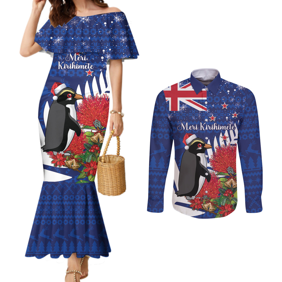 New Zealand Christmas In July Couples Matching Mermaid Dress and Long Sleeve Button Shirt Fiordland Penguin With Pohutukawa Flower
