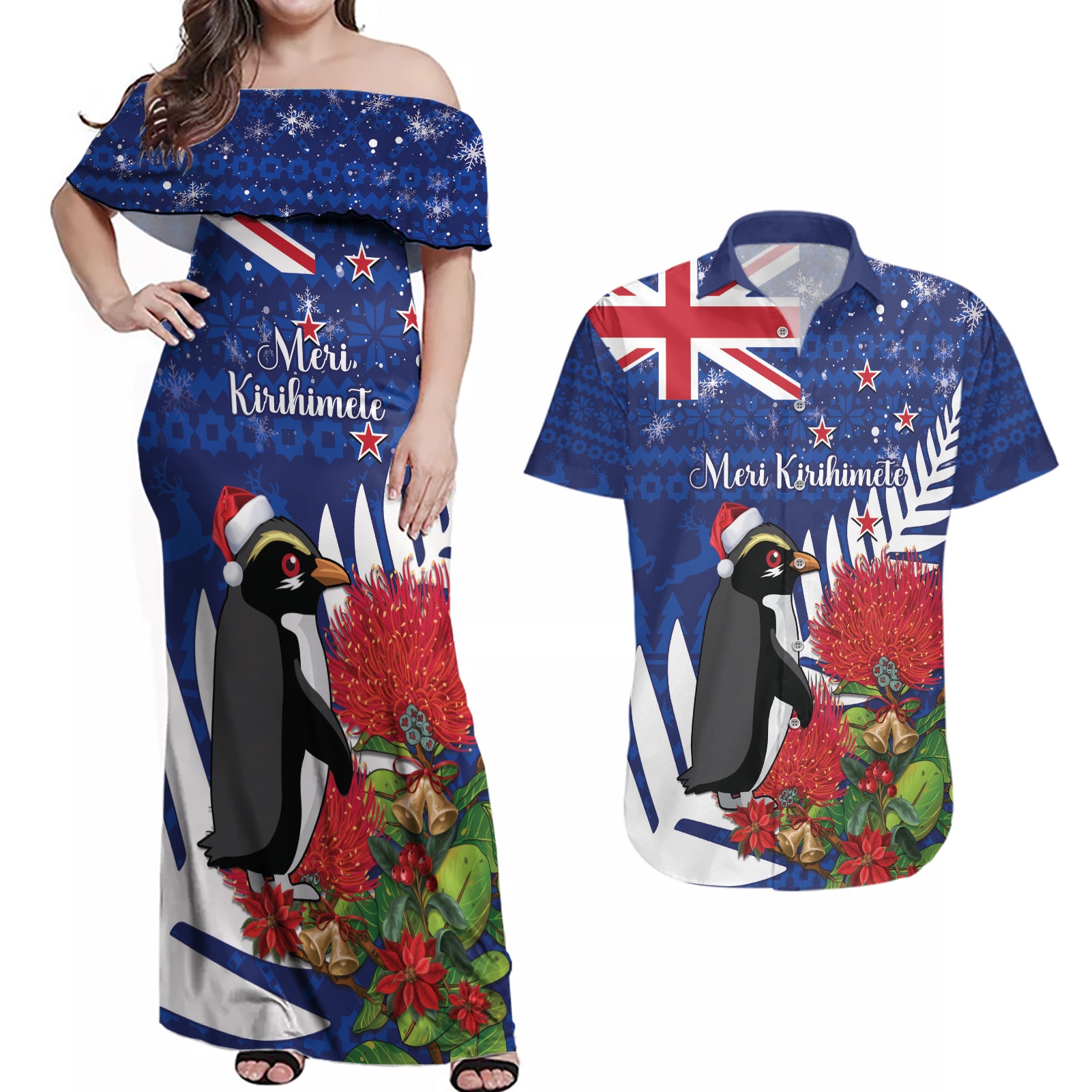 New Zealand Christmas In July Couples Matching Off Shoulder Maxi Dress and Hawaiian Shirt Fiordland Penguin With Pohutukawa Flower