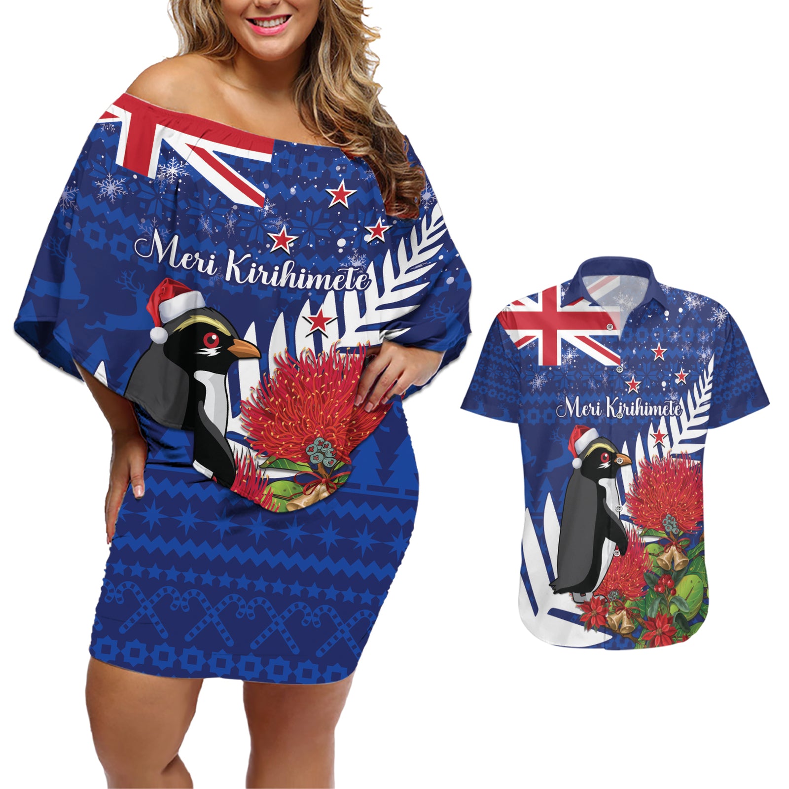 New Zealand Christmas In July Couples Matching Off Shoulder Short Dress and Hawaiian Shirt Fiordland Penguin With Pohutukawa Flower