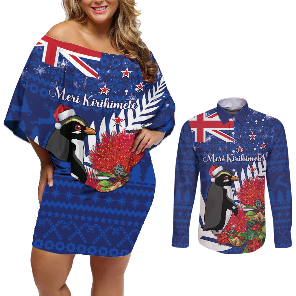 New Zealand Christmas In July Couples Matching Off Shoulder Short Dress and Long Sleeve Button Shirt Fiordland Penguin With Pohutukawa Flower
