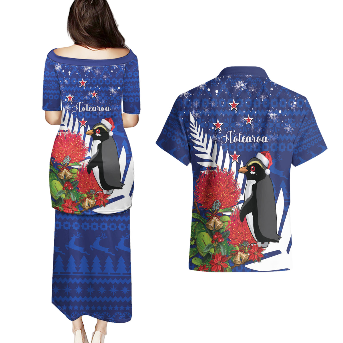 New Zealand Christmas In July Couples Matching Puletasi and Hawaiian Shirt Fiordland Penguin With Pohutukawa Flower