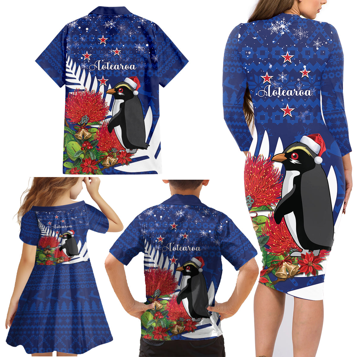 New Zealand Christmas In July Family Matching Long Sleeve Bodycon Dress and Hawaiian Shirt Fiordland Penguin With Pohutukawa Flower