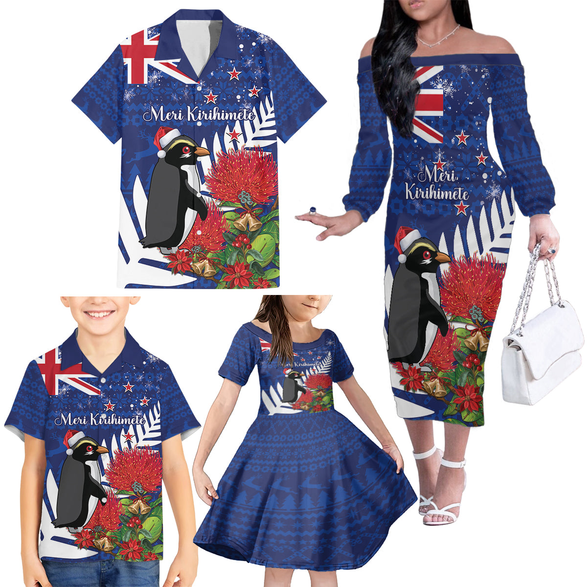 New Zealand Christmas In July Family Matching Off The Shoulder Long Sleeve Dress and Hawaiian Shirt Fiordland Penguin With Pohutukawa Flower