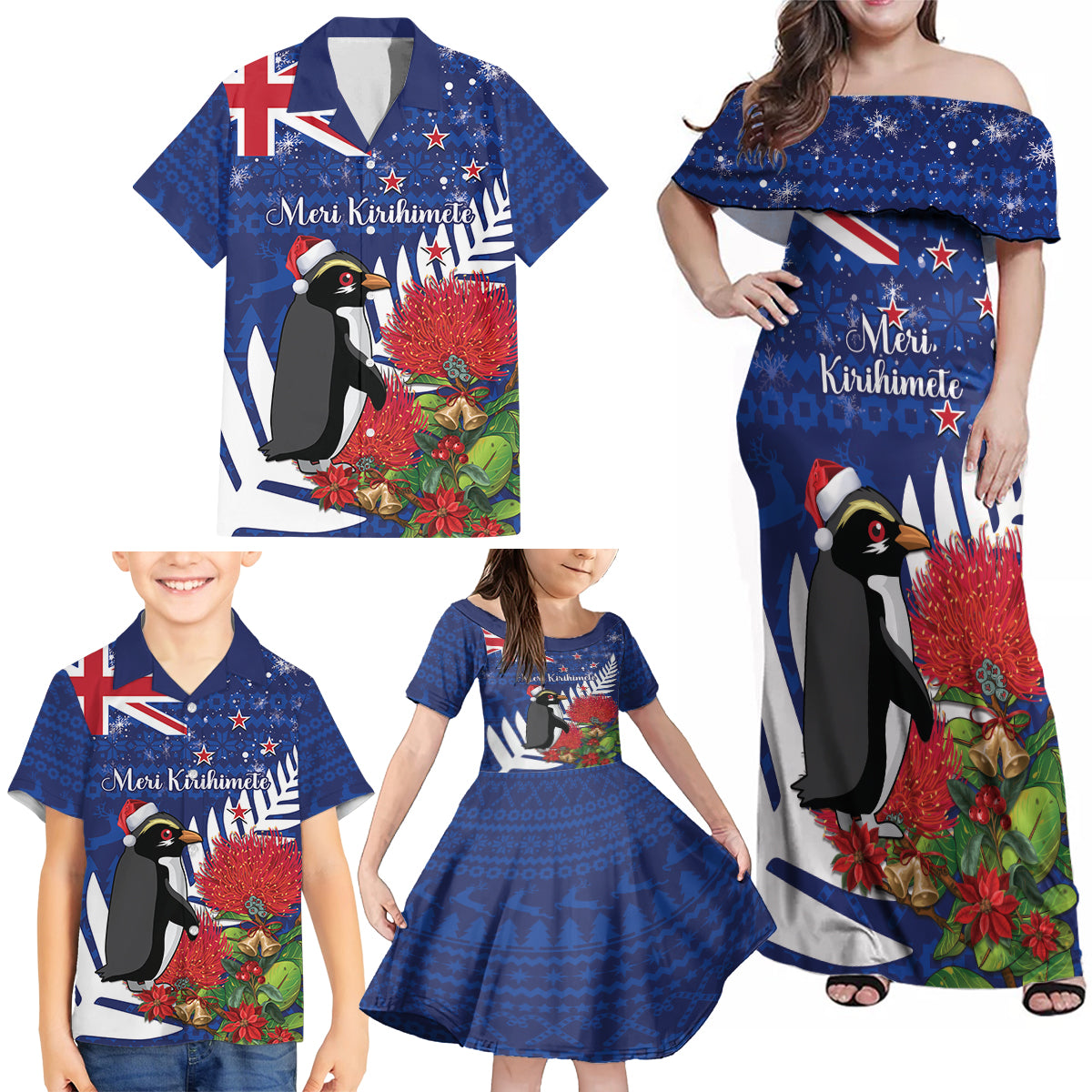 New Zealand Christmas In July Family Matching Off Shoulder Maxi Dress and Hawaiian Shirt Fiordland Penguin With Pohutukawa Flower