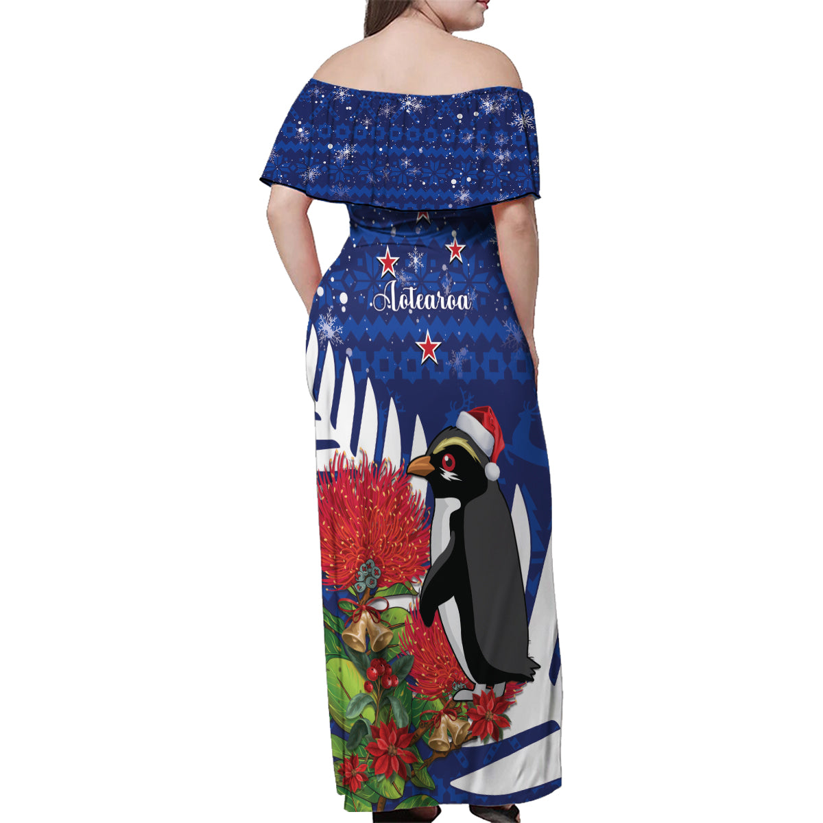 New Zealand Christmas In July Family Matching Off Shoulder Maxi Dress and Hawaiian Shirt Fiordland Penguin With Pohutukawa Flower