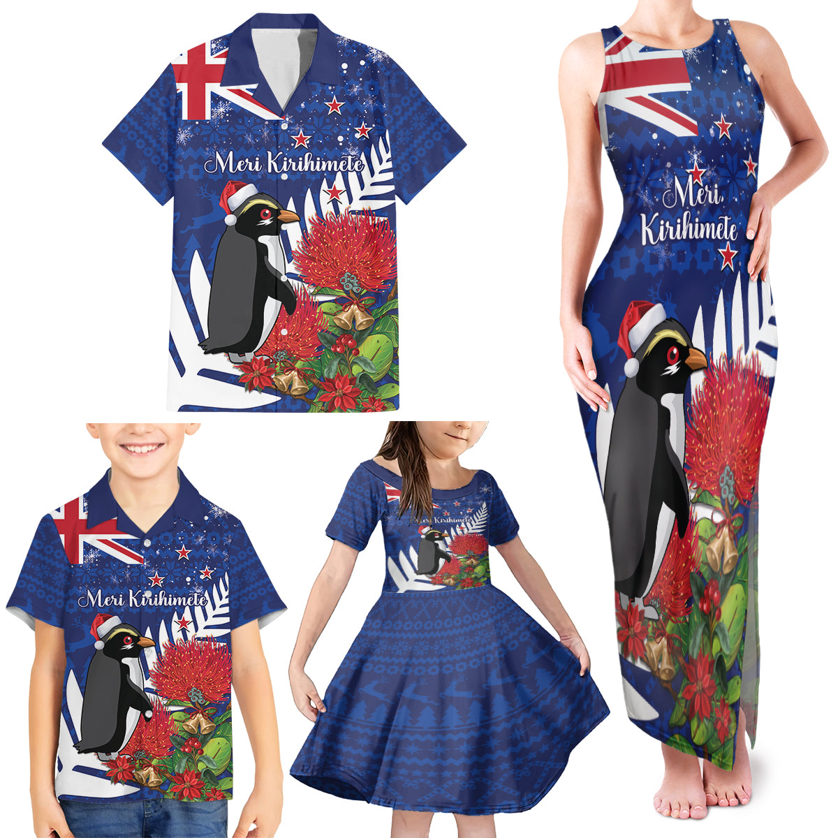 New Zealand Christmas In July Family Matching Tank Maxi Dress and Hawaiian Shirt Fiordland Penguin With Pohutukawa Flower