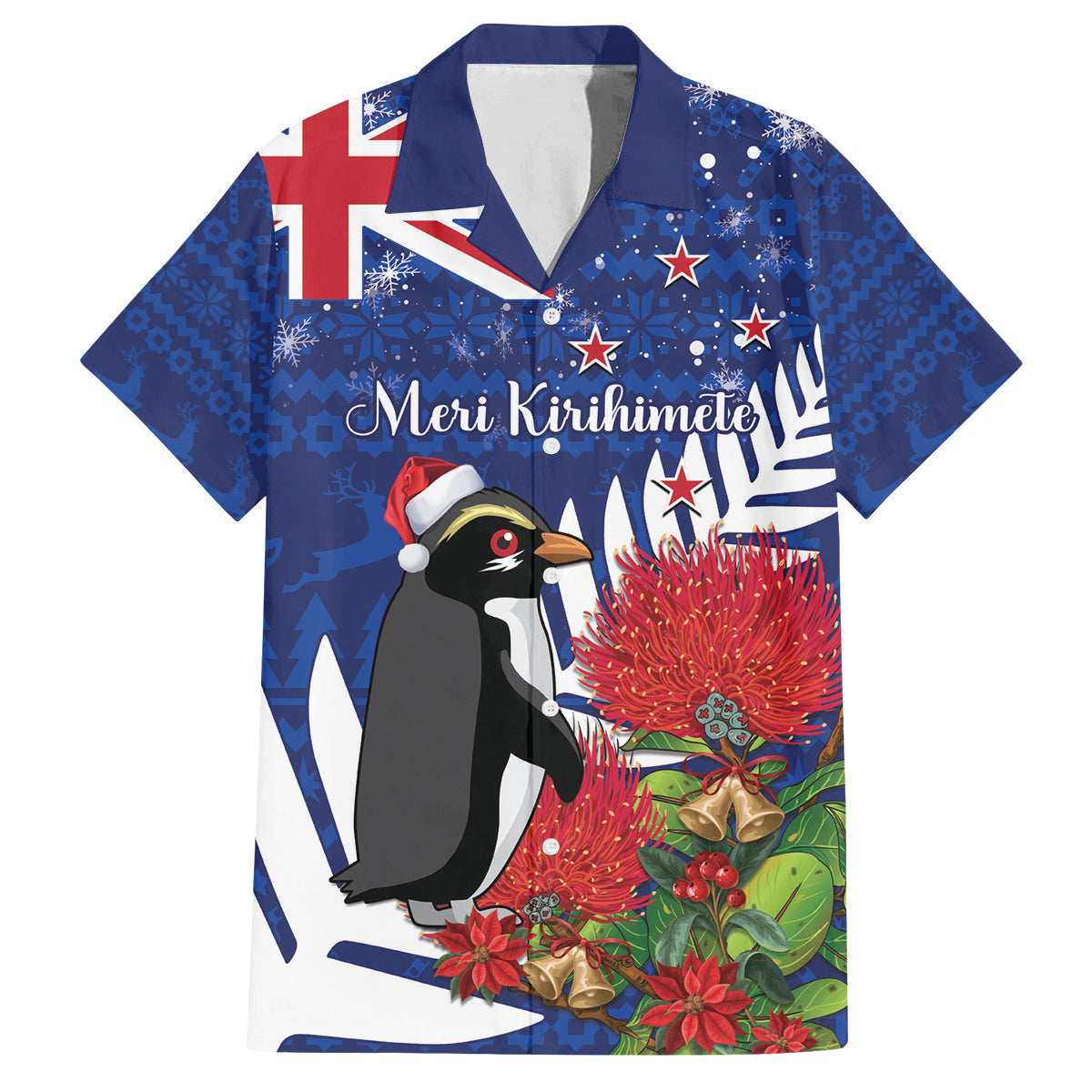 New Zealand Christmas In July Family Matching Tank Maxi Dress and Hawaiian Shirt Fiordland Penguin With Pohutukawa Flower