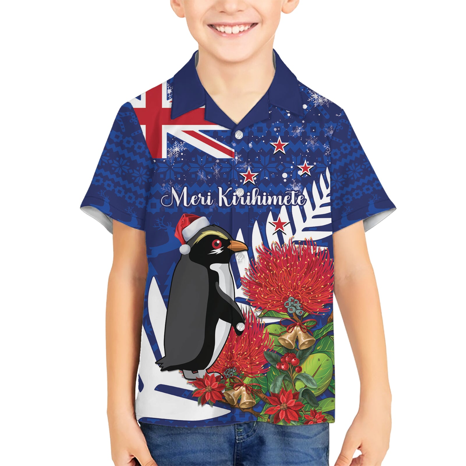 New Zealand Christmas In July Kid Hawaiian Shirt Fiordland Penguin With Pohutukawa Flower