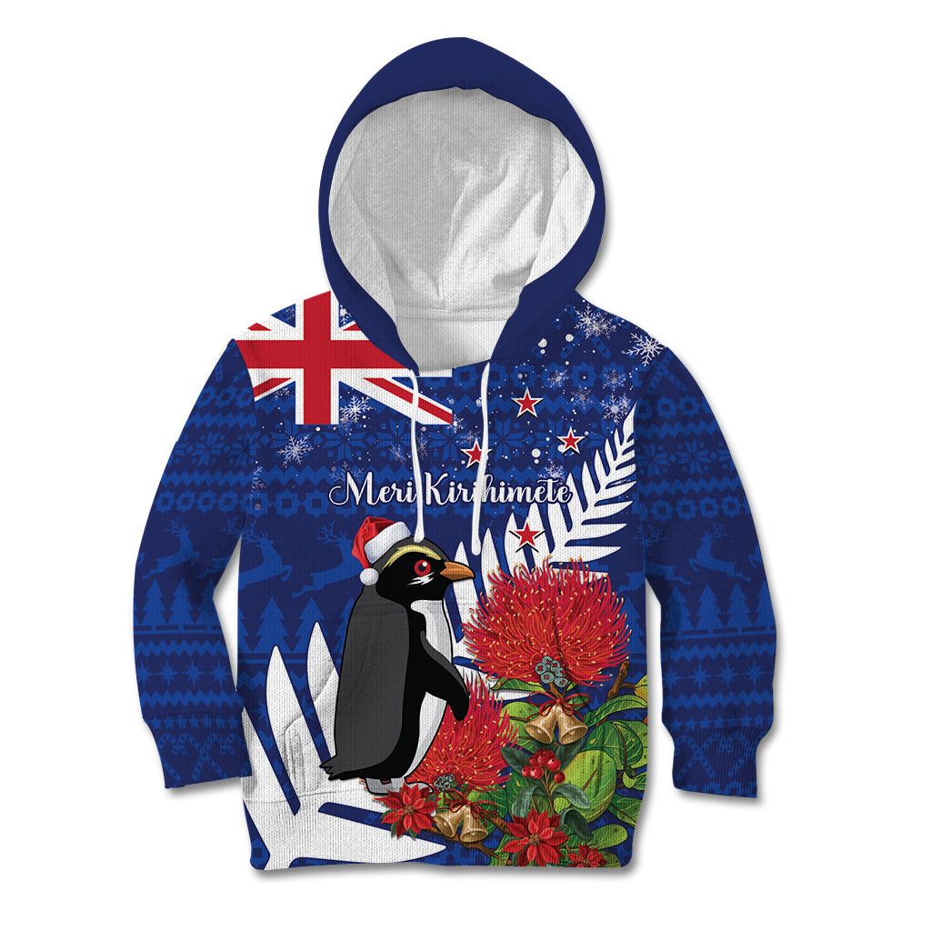 New Zealand Christmas In July Kid Hoodie Fiordland Penguin With Pohutukawa Flower LT14