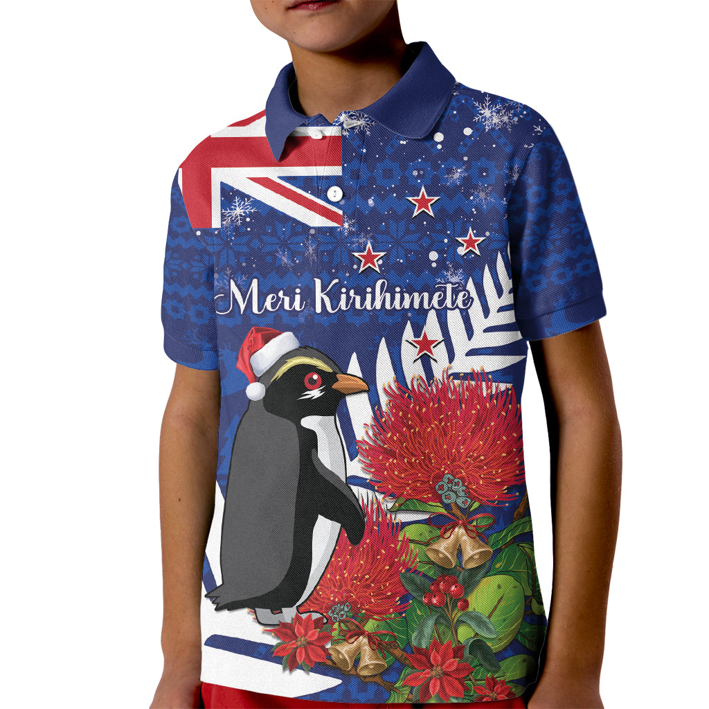 New Zealand Christmas In July Kid Polo Shirt Fiordland Penguin With Pohutukawa Flower