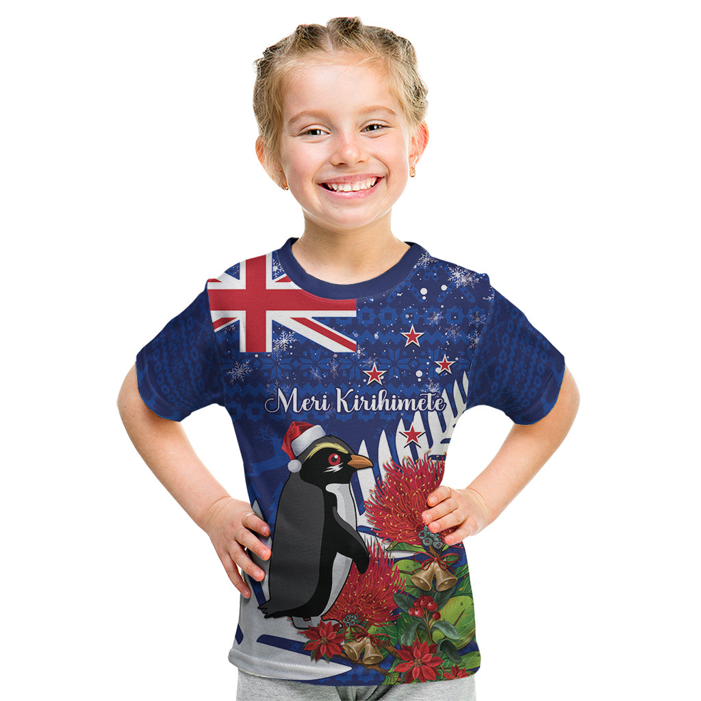 New Zealand Christmas In July Kid T Shirt Fiordland Penguin With Pohutukawa Flower