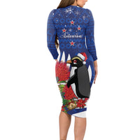 New Zealand Christmas In July Long Sleeve Bodycon Dress Fiordland Penguin With Pohutukawa Flower