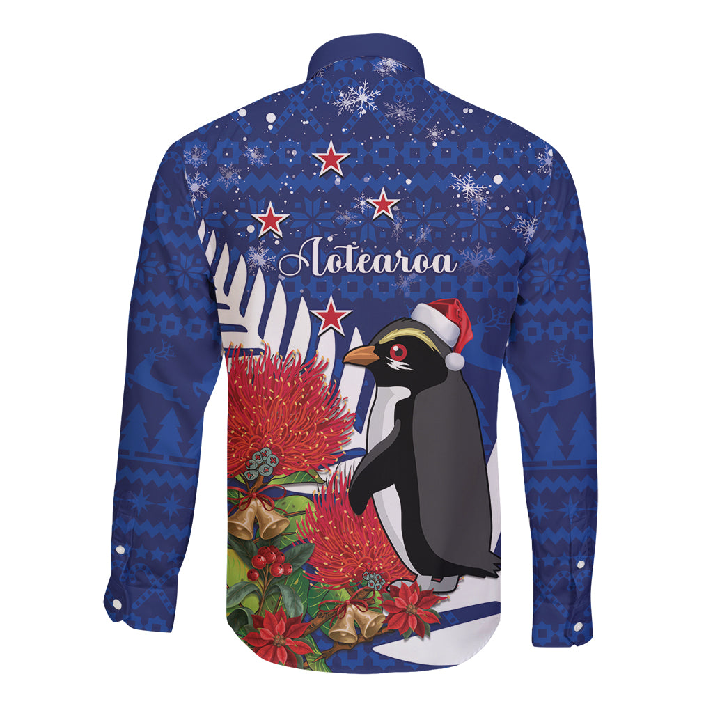 New Zealand Christmas In July Long Sleeve Button Shirt Fiordland Penguin With Pohutukawa Flower