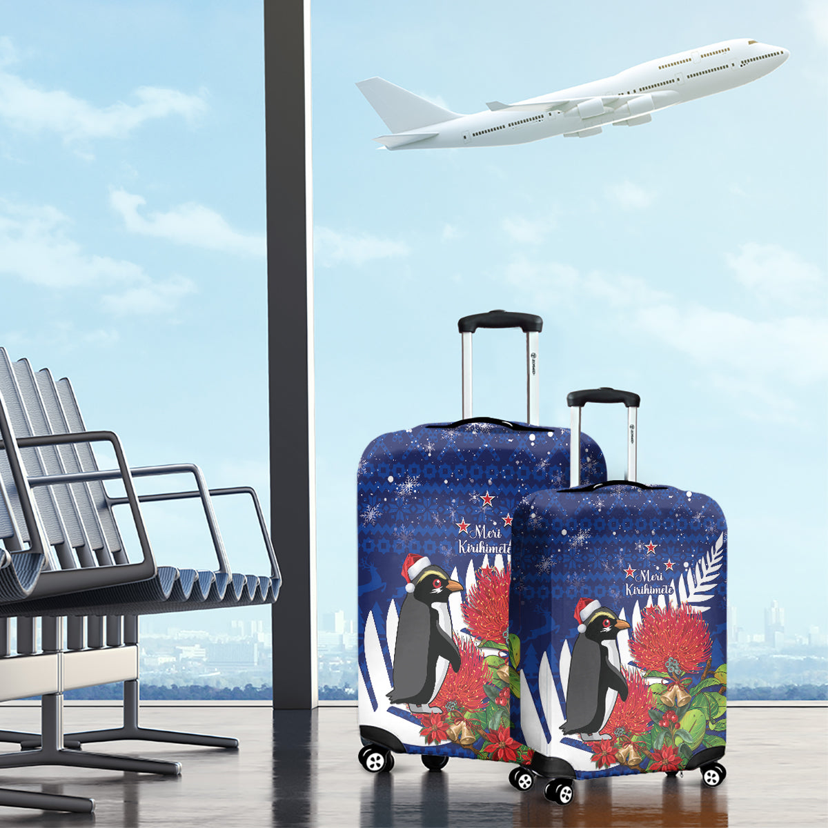 New Zealand Christmas In July Luggage Cover Fiordland Penguin With Pohutukawa Flower