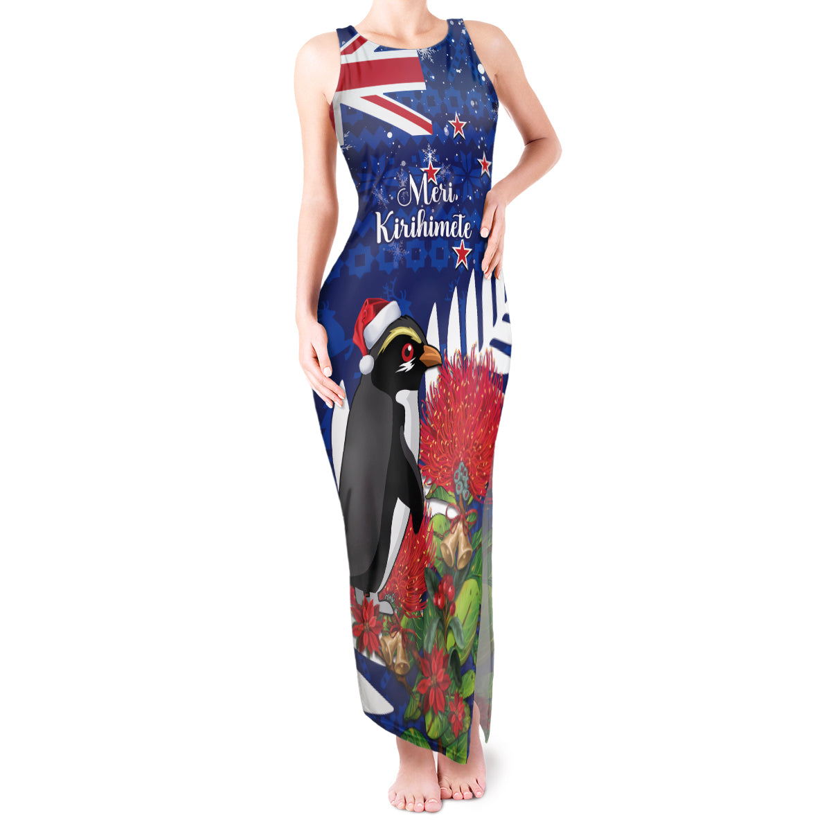 New Zealand Christmas In July Tank Maxi Dress Fiordland Penguin With Pohutukawa Flower